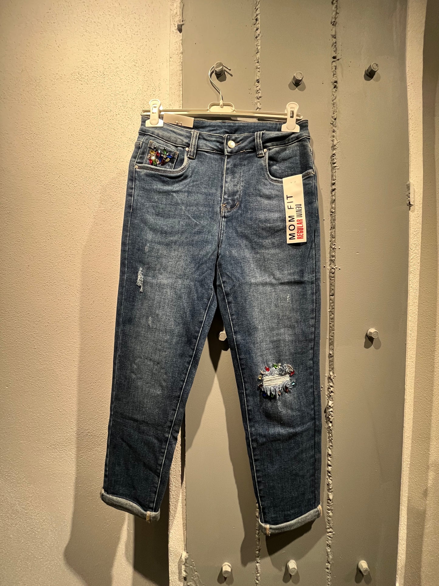 MOM FIT REGULAR DENIM BRILLOS